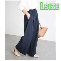 B71◆ワイドパンツ レディース タックパンツ ウエストゴム ネイビー Lサイズ