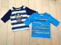 マザウェイズ 5分袖 Tシャツ 2枚セット 青と白のストライプ くま 電車 90