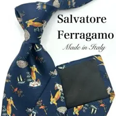 【美品】Salvatore Ferragamo ネクタイ ネイビー 紺 総柄