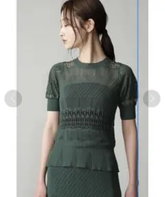 美品 Unaca ダークグリーン 鍵編み レース セットアップ M