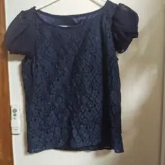 HERE'R ネイビー 花柄 レース パフスリーブ Ｌ　美品