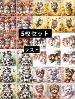 赤字処分　即購入のみ　5枚セット　猫柄　犬柄　中パネル生地　30個　コットン生地