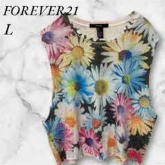 FOREVER　ノースリーブシャツ　ショート丈　大きめ花柄　L　ブラック　ブルー
