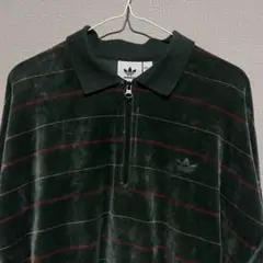 adidas ダークグリーン ストライプ ベロア ハーフジップ ジャージ