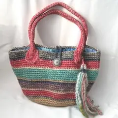 ハンドメイド 麻&毛糸 手編みカゴバック