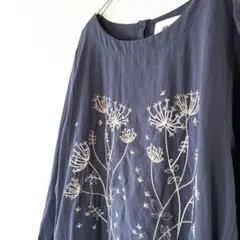 napla コットンリネン 花柄刺繍 ネイビー 長袖 ワンピース Ｆ