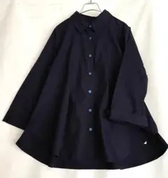 新品 POPなカラーボタン異素材切替シャツブラウス ロングテール QVC/紺L