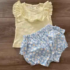 イエロー フリルトップス ブルー花柄パンツ 80〜90㎝