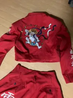 刺繍学ラン上下セット　変形学生服　赤ラン上下　卒業式