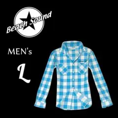 メンズLサイズ BEACH SOUND チェック柄長袖シャツ 水色