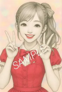 愛瑠 イラスト 赤ドレス 美少女 ダブルピース 笑顔 アート No.80