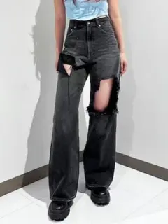 EVRIS スクエアダメージワイドパンツ