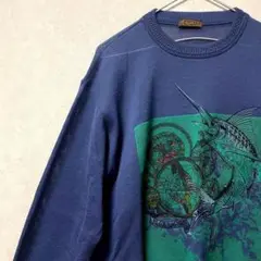 【美品】デザインニット　刺繍　ヴィンテージ　レトロ　カジキ　魚　アート　奇抜