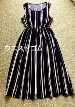 ネイビー ストライプ ノースリーブ ロングワンピース　サイズM