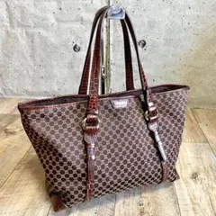 本物☆セリーヌ マカダム キャンバス レザー トートバッグ トリオンフ ブラウン