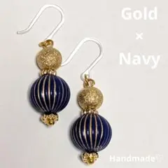 ¥100 ネイビーゴールドストライプピアス イヤリング 変更OK