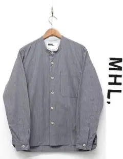 A406/MHL. 長袖シャツ バンドカラー ストライプ 胸ポケット M 紺