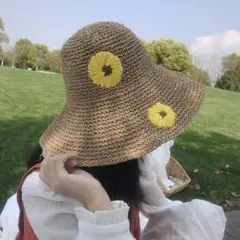 ひまわり刺繍付き麦わら帽子
