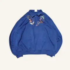 USA製90sビンテージ古着 花柄刺繍ハーフジップ スウェットトレーナー青XXL