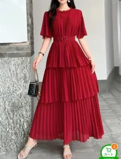 【美品】レッド プリーツ ティアードワンピース