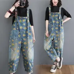 Tの超新 体型カバー春花柄デニムサロペット女性大人気レディース可愛0a