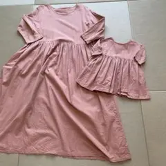 大人と子供用ピンクフレアワンピースセット　ママとお揃い　ハンドメイド