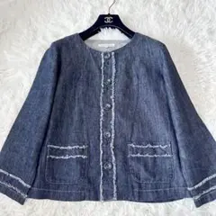 LAURA ASHLEY ローラアシュレイ　ノーカラーデニムジャケット　リネン混