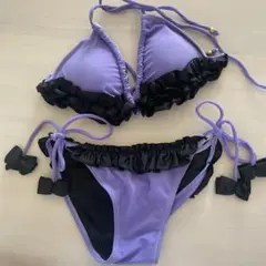 新品未使用品　フリルリボン付きビキニ　パープル＆ブラック　M