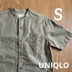 セール！ユニクロ メンズ リネンコットンスタンドカラーシャツ S オリーブ