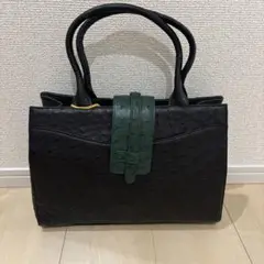 【美品】新品未使用　オーストリッチ　本革　ブラック×グリーン