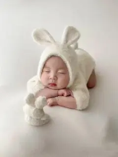 ニューボーン　フォト　うさぎ　新生児　記念写真　白　ピンク　おまけ付き