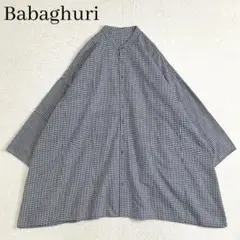 ババグーリ　バンドカラー　七分袖シャツ　ギンガムチェック　ブラック　M ゆったり