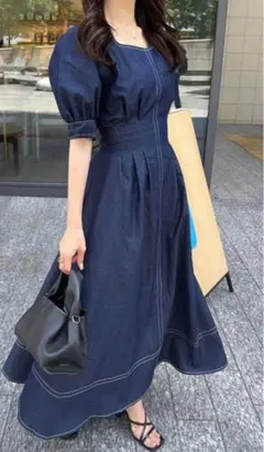 バックレースアップ配色ステッチデニムワンピース
