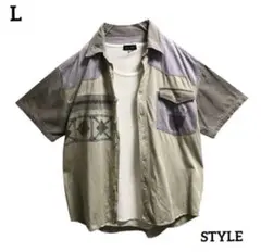 STYLE半袖シャツオシャレデザインネイティブ柄染み込みプリントカジュアル古着