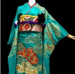 (あ86)珍品❣️✨ターコイズブルー アンティーク振袖㊗️④点セット