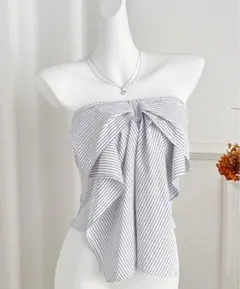 【SHEIN】リボン ストライプ ノースリーブ クロップド オープンショルダー