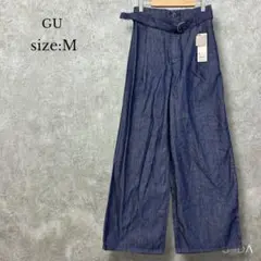 【新品】ジーユー GU【M】 ウエストベルトデニムワイドパンツ 綿100％
