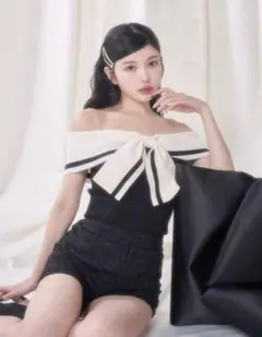 Darich ビッグリボンオフショルニットトップス BLK