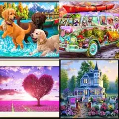 ダイヤモンドアート　ビーズ　キット　ペン取説付き 犬　風景　車　家　４本セット