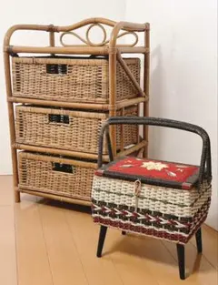 ラタン3段チェスト、ラック、藤家具【画像の収納家具プレゼント】引き取り