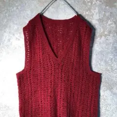 【ヴィンテージ】ハンドメイド かぎ針編み ニットベスト 赤 古着 ZBS1