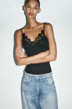 新品未使用　ZARA 2025年　リブ編みレーストリムキャミソール