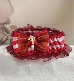 犬　猫首輪　ギンガムチェックレッド　シフォンレース　パールゴールドパーツ　ダイヤ