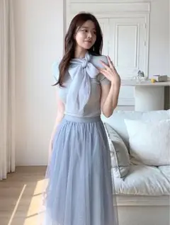 DHOLIC 同型オーガンジー リボン ネック Tシャツ グレー