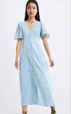 ZARA 花柄シャツワンピース M 水色