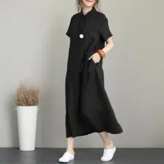 新品 レディース 半袖 ロング シャツワンピ 黒 ワンピース 無地 シンプル
