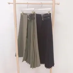 RiLiSTORE ベルト付プリーツフレアスカート ベージュ ラップスカート