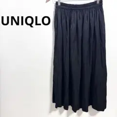 a1445 ユニクロ　ロングフレアスカート　無地　シンプル　光沢　ひざ下　黒　M