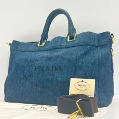 極美品 PRADA 2way カナパ デニム ショルダーバッグ インディゴブルー
