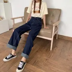 【SALE価格‼️】ハイウエスト ダークブルー ストレートデニム